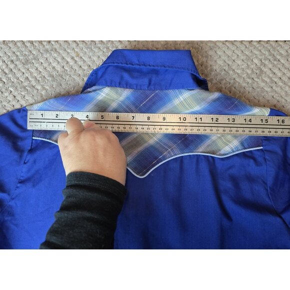 VINTAGE Western Cowboy Shirt Royal Blue Plaid Yoke Pearl Snap Retro Rockabilly - Picture 6 of 7
